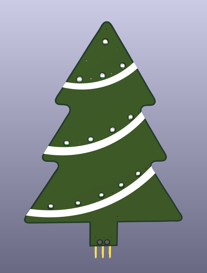 A 3D rendering of a Christmas tree made from a green PCB.  White silkscreen is used as tinsel and reverse mountable LEDs lurk through the NPTHs these are the Christmas ornaments.