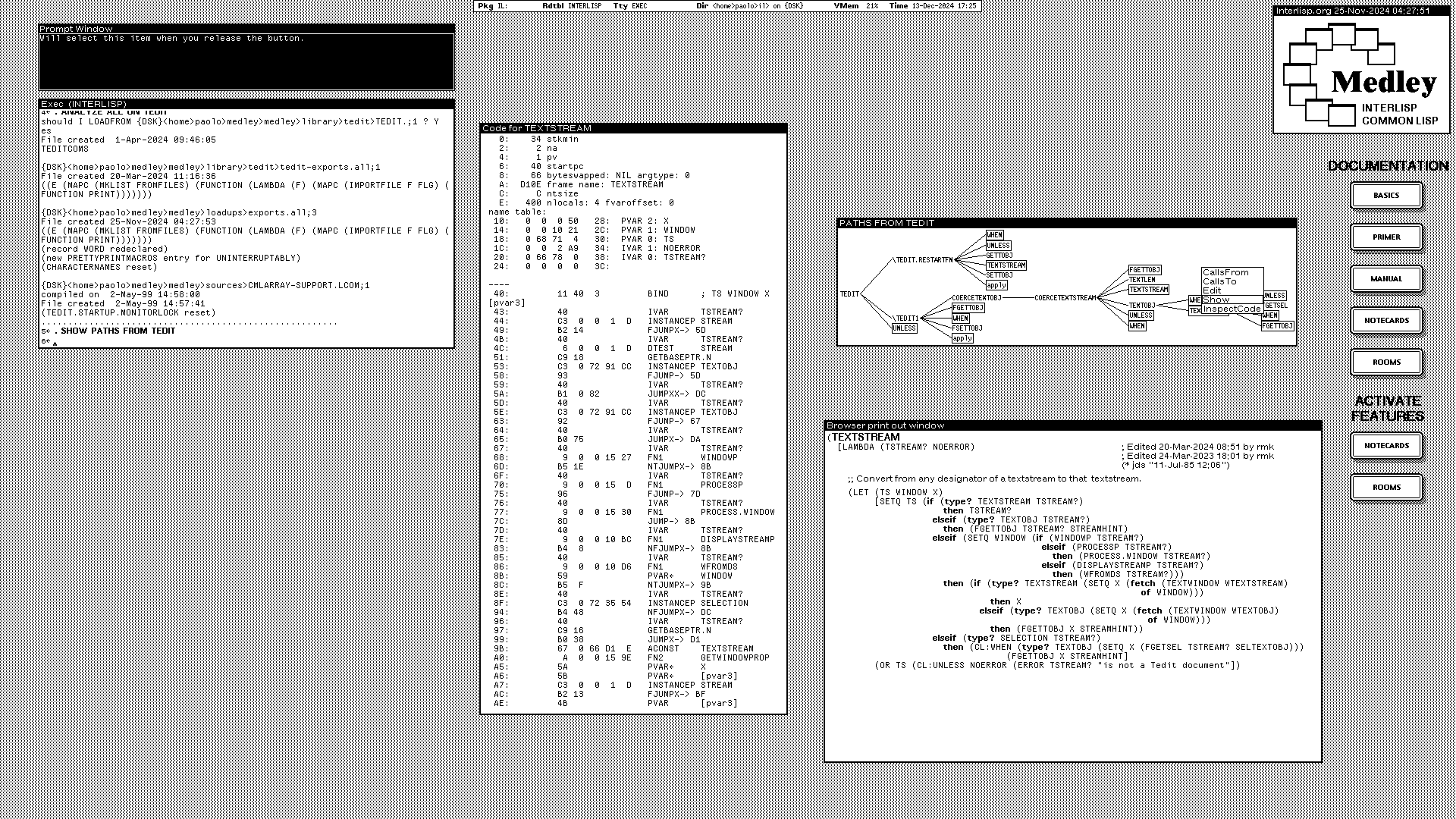 Screenshot of the black and white desktop of a 1980s graphical workstation environment. The desktop has a gray background pattern and some windows with a white background and a title bar with white text on a black background. The main windows show a graphical tree, the code of a Lisp function, and a bytecode disassembly.