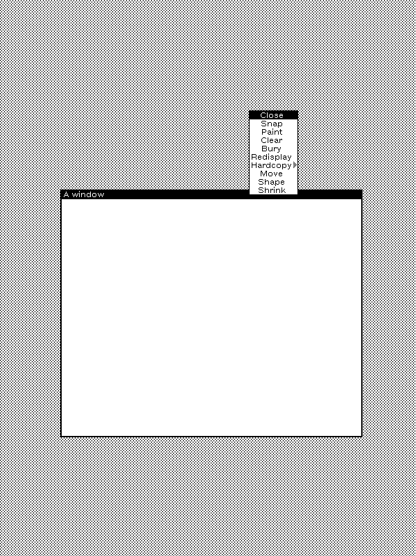 Screenshot of a portion of the black and white desktop of a 1980s graphical workstation environment. On the desktop with a gray background pattern is one window with a white background and a title bar with white text on a black background. On the title bar is an open popup menu with items named Close, Snap, Paint, Clear, Bury, Redisplay, Hardcopy, Move, Shape, and Shrink. The Close item is selected in reverse.