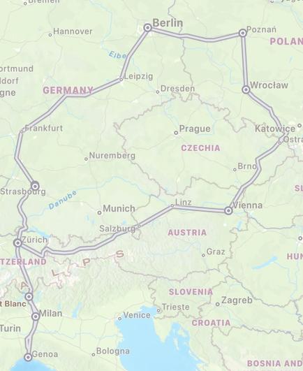 A map of Europe with a trail of train connections: Vienna - Wrocław - Poznań - Berlin - Stuttgart - Zürich - Lugano - Milano - Genova - Milano - Zürich - Vienna