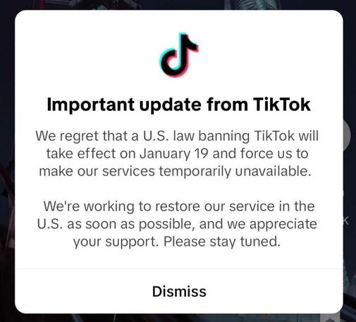 TikTok blocking message details reason for enacting blocking due to US law taking effect January 19th 2025