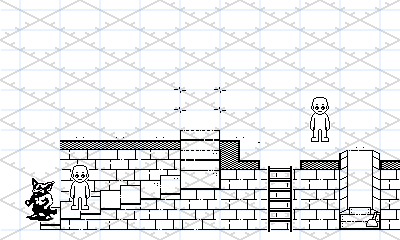 A prototype monochrome dungeon showing stairs, ladder and a elevator. Characters are shown for scale of pixel art assets.
