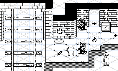 Monochrome dungeon with rat like humanoid by a door and train tracks on the left. Brick walls with a treasure chest on the right side.