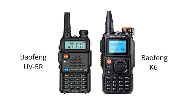 The Baofeng UV-5R and the Baofeng K6 handheld radios on a white background.