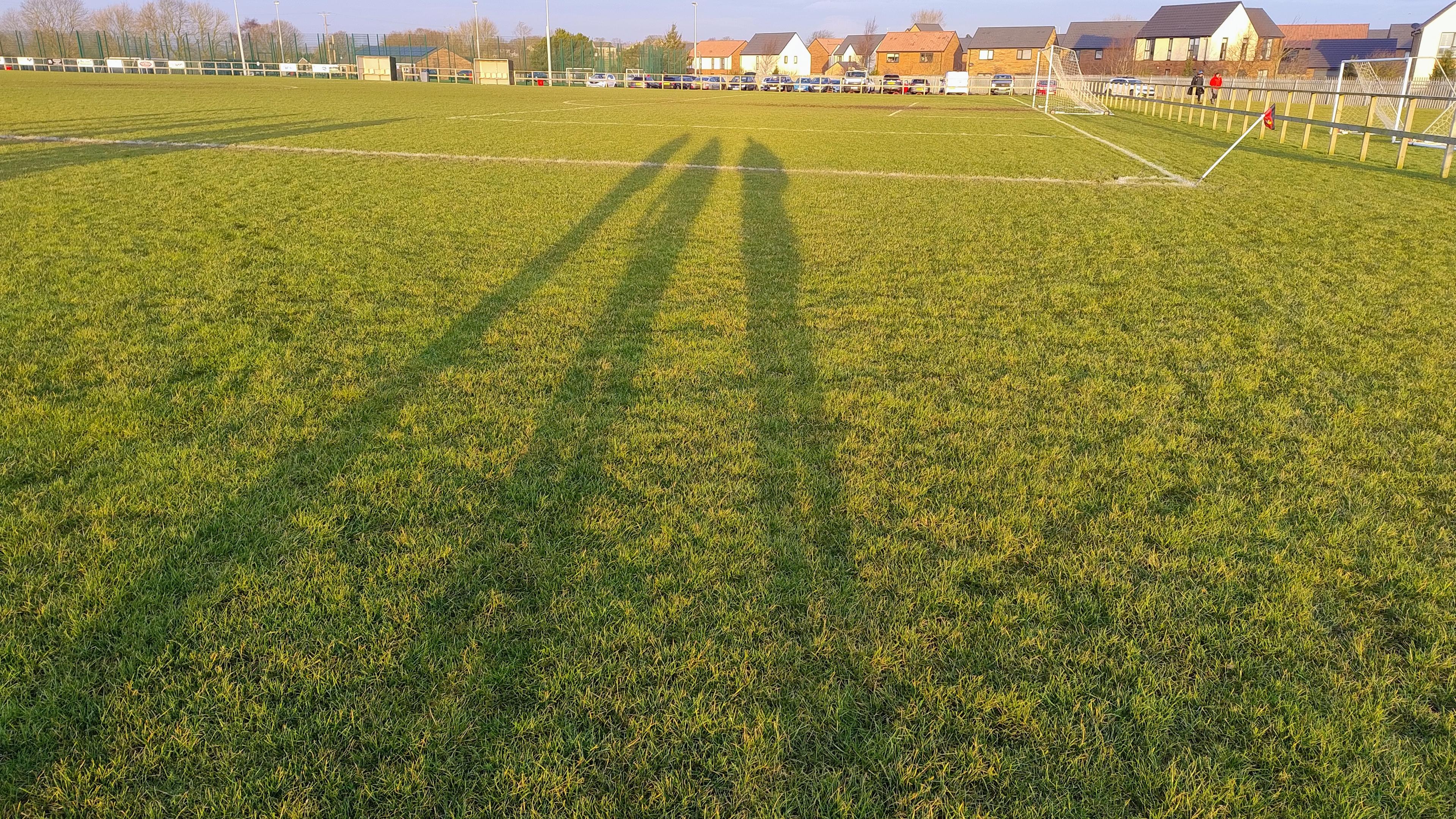 Three long (human) shadows across a football pitch.