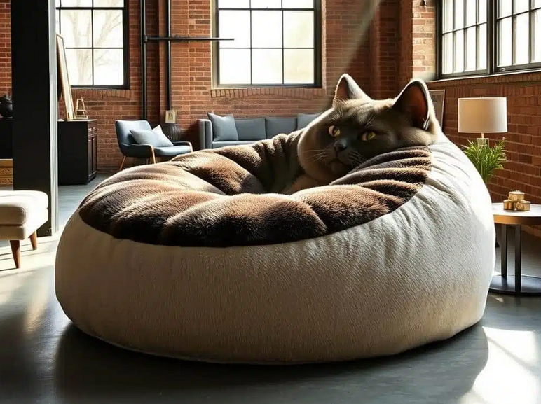 Photo of what purports to be a cat-shaped beanbag lounger chair in an industrial living space. Looks pretty realistic - but surely it isn't?