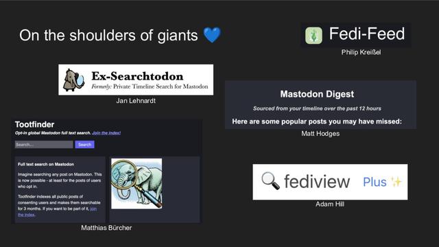 A slide showing screenshots of logos from five different projects and their respective authors: Ex-Searchtodon (Jan Lehnardt), Fedi-Feed (Philip Kreissel), Mastodon Digest (Matt Hodges), Tootfinder (Matthias Bürcher), and fediview Plus (Adam Hill).