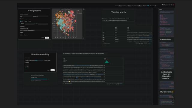 A screenshot showing a python notebook that only includes UI elements (forms, plots, and dataframes) arranged in a grid view.