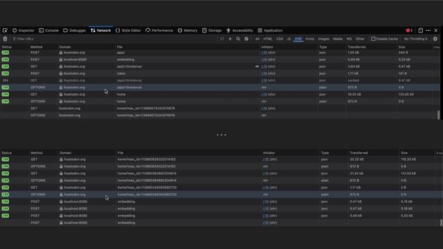 Two screenshots from the network tab in Firefox Web Developer Tools show connections, respectively, to fosstodon.org's API with requests to "home" and to localhost with requests to "embedding"