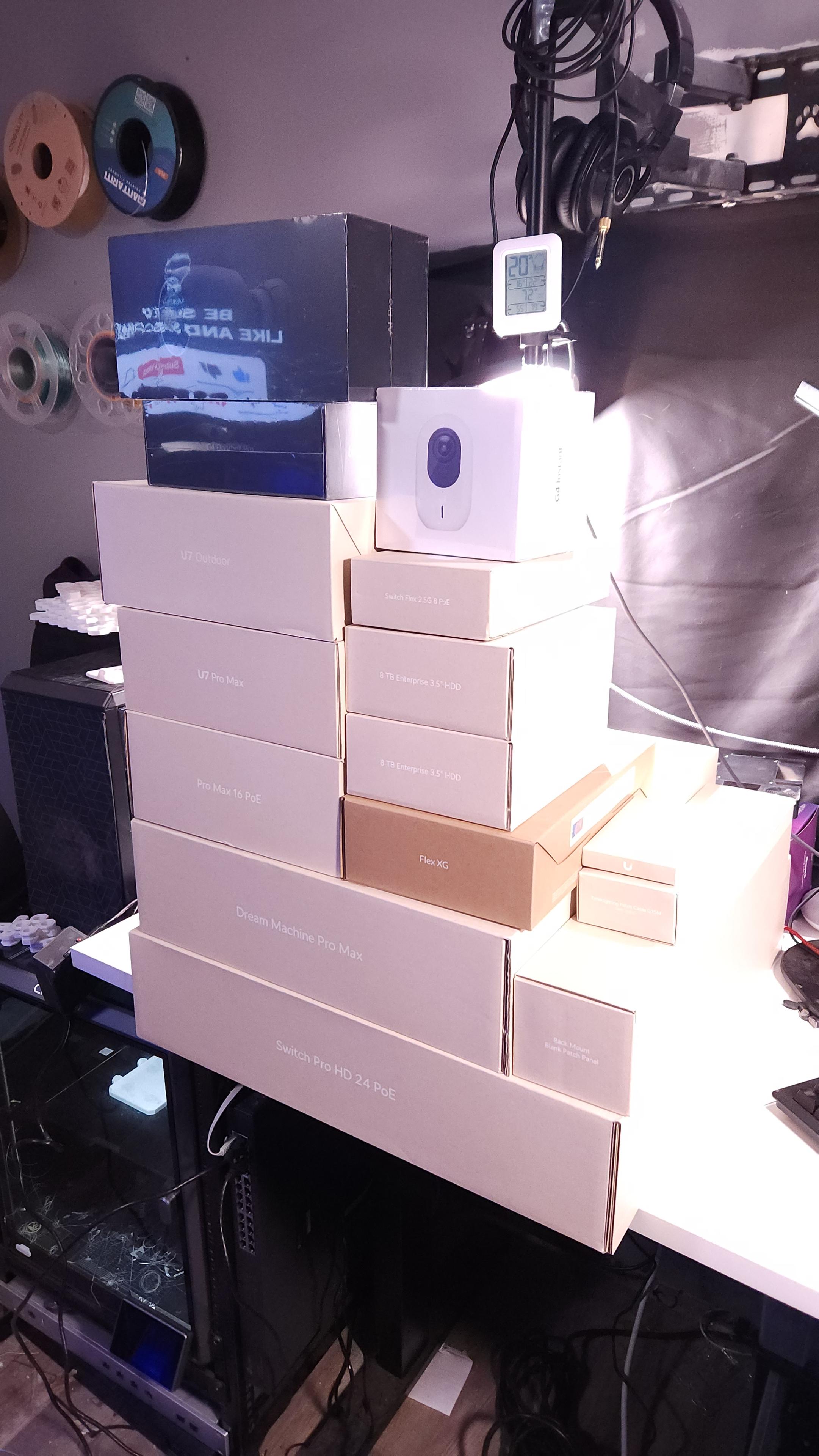 big stack of boxes full of Unifi networking equipment