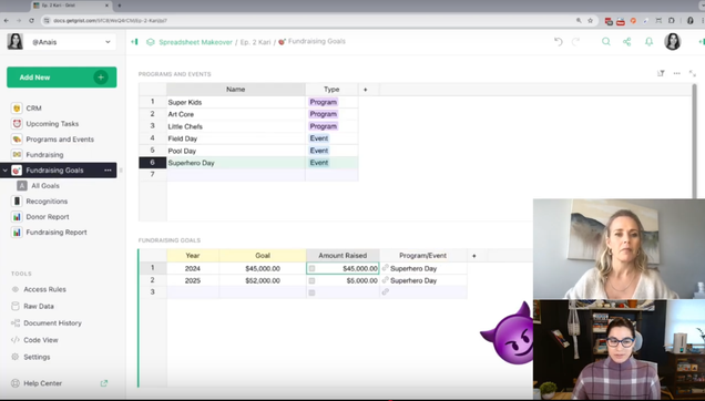 A spreadsheet, with Kari and Anais discussing it, and Anais about to do something devious.