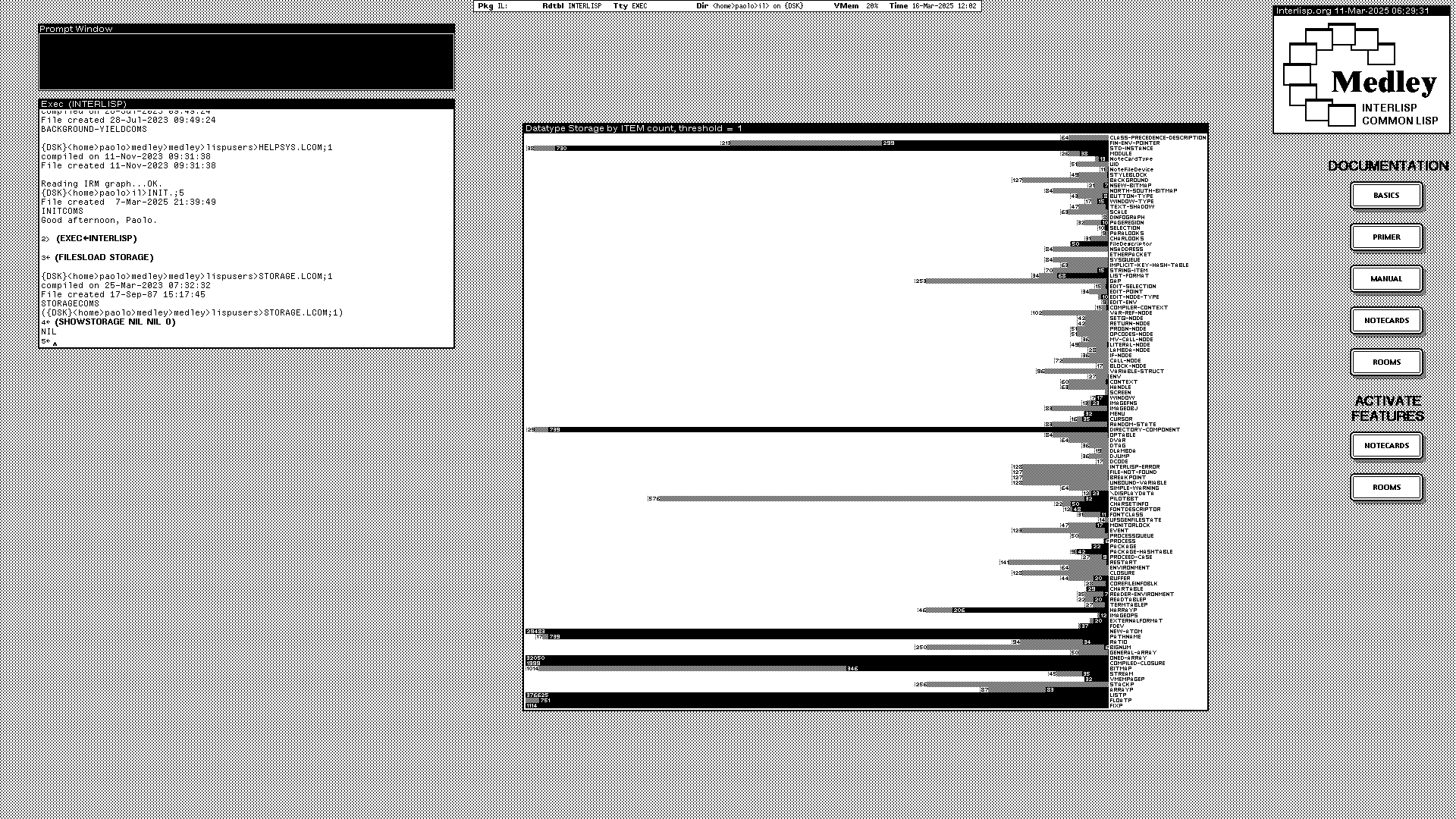 Screenshot of the black and white desktop of a 1980s graphical workstation environment. The desktop has a gray background pattern and some windows with a white background and a title bar with white text on a black background. The main window shows a bar chart laid out horizontaly. Each bar has a black and a gray part and a text label next to it.