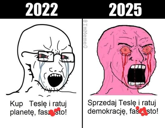 2022: Kup Teslę i ratuj planetę, faszysto!
2025: sprzedaj Teslę i ratuj demokrację, faszysto!