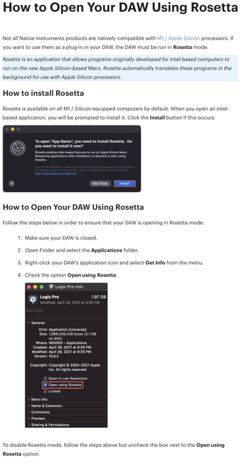 Native Instruments help webpage that explains how to get plugins that only support Intel to show up in Logic on an Apple Silicon based Mac using Rosetta. Page was created for 1st generation M1 processors, we're now up to 5th generation M5 processors.