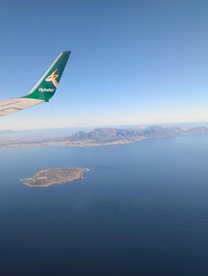 View from aircraft window of Table Mountain, Cape Town, South Africa, on an exceptionally clear day