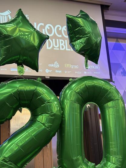 A slide for DjangoCon Europe 2025 in Dublin with Green 20 balloons in front. 