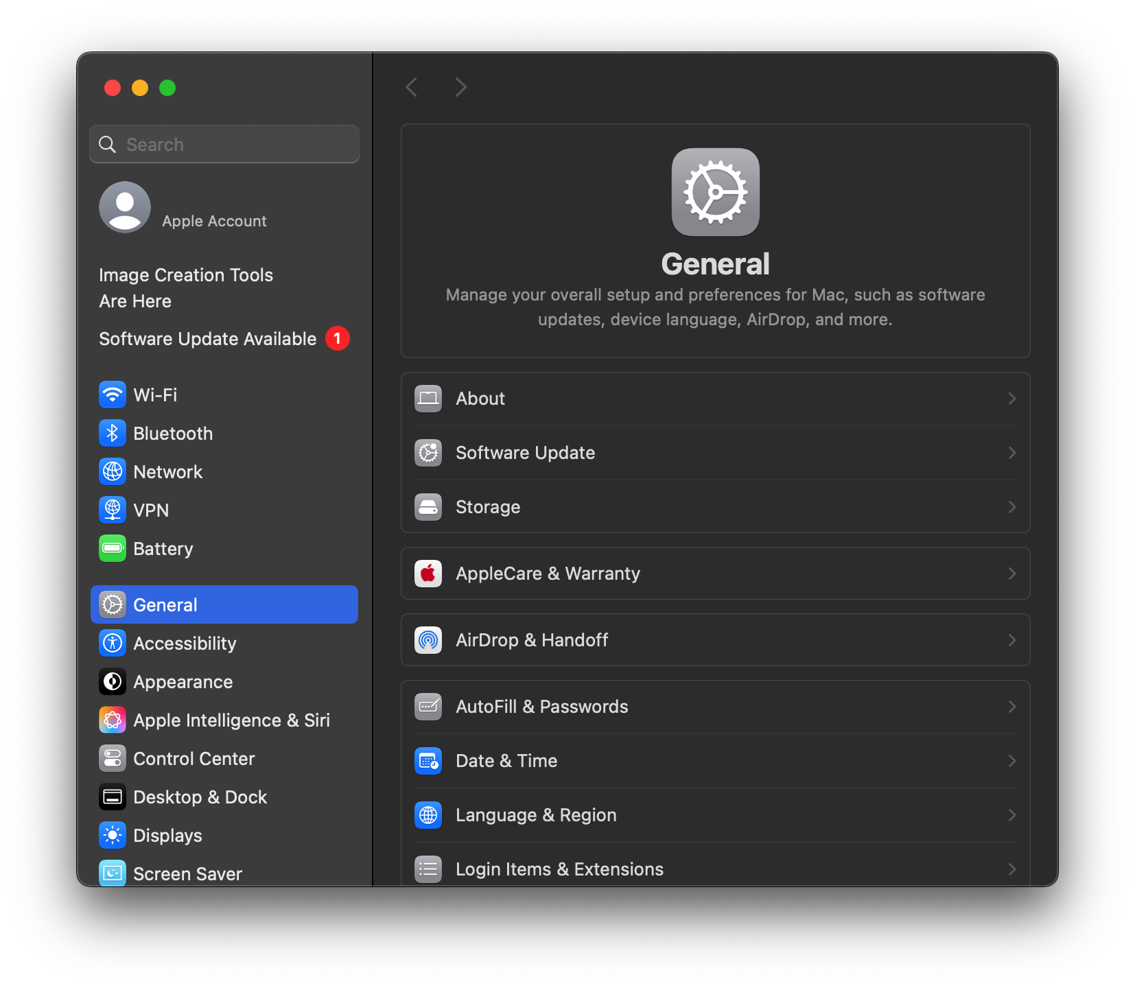 Apple macOS Sequoia Settings app screenshot in dark mode.
