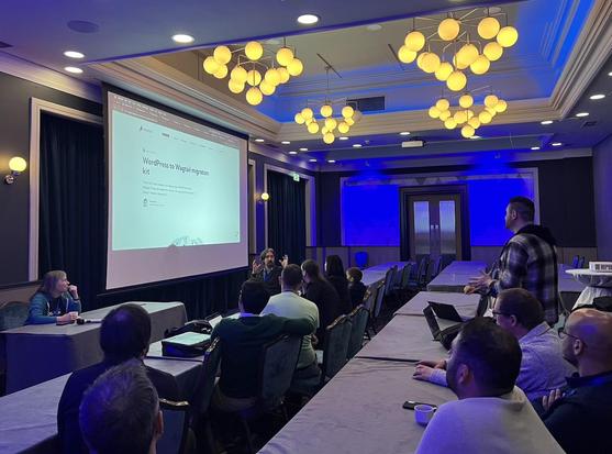 The Wagtail meetup attendees in a dark conference room. One of them presents in front of the projector