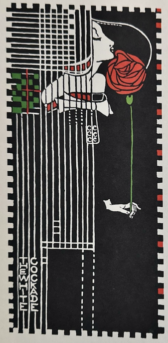 Margaret Macdonald-Mackintosh, Speisekarte für eine Teestube. (Translation: serving menu for a tea shop) - 1901 — 20,9 x 10,3 cm - mostly black and white with small touches of red and green. A ghostly figure appears amidst a gridded foreground, smelling a very long-stemmed rose