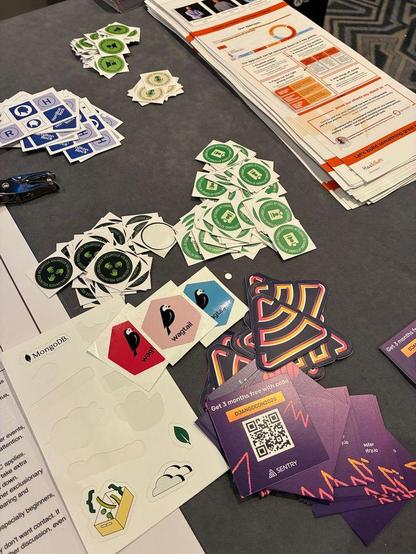 Stickers table at DjangoCon Europe, with Wagtail stickers in the middle