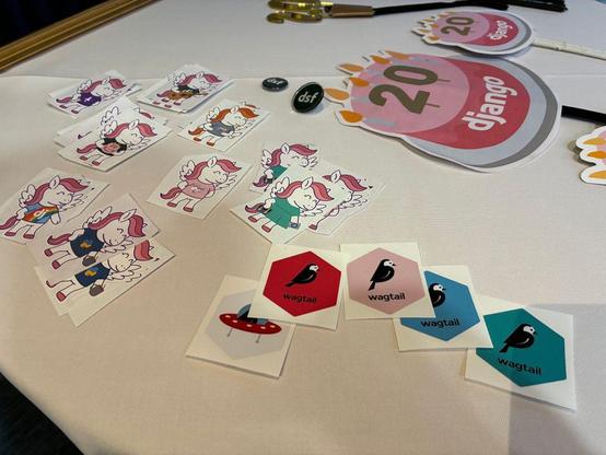 Wagtail on the stickers next to Django pony stickers