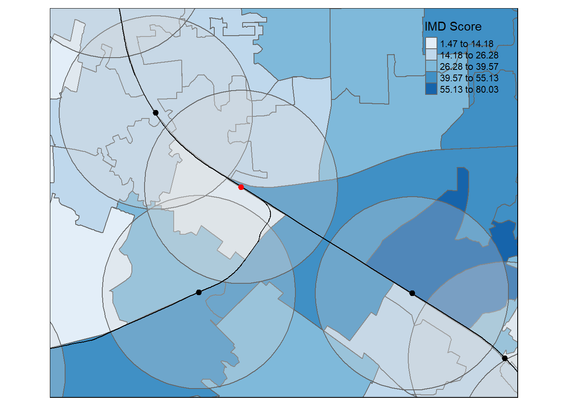 A map showing five tram stations (dots) with a 500m buffer (circles) around them, on top of a choropleth map in blues showing IMD (deprivation). 
