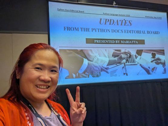 Selfie of Mariatta in front of her slides at a conference venue.
Updates from the Python docs Editorial Board.