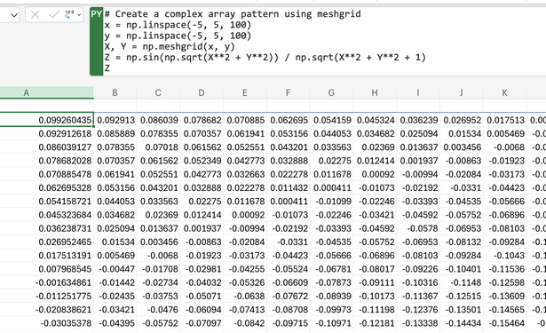 numpy matrix in excel