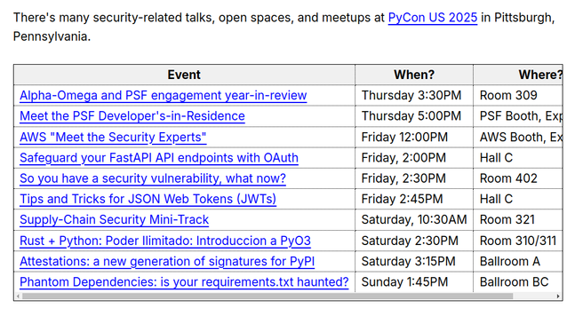Table of security events at PyCon US with room numbers and times. Click into the link for the full list with content.