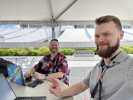 Seth and Mike hacking in the PyCon rooftop track
