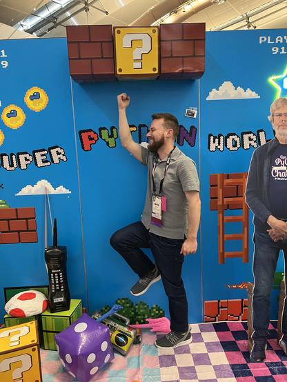 Seth jumping like a plumber at a question mark block with a pixelated retro gaming style.