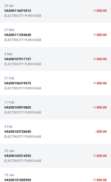 Listing of Internet banking transactions detailing electricity purchases. Up until March, there were roughly R1000 every 10 days, while in March and April only a single transaction of R1000 each