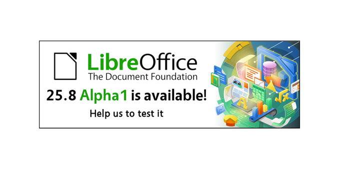 LibreOffice 25.8 banner, with "Help us to test Alpha 1"