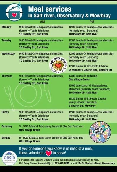 Schedule of meal services in the peri-urban suburbs of Obs, Woodstock and Mowbray