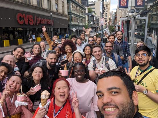 Ice cream selfie with a large group of people (20+ people) outside of Millie's Homemade Ice cream downtown Pittsburgh