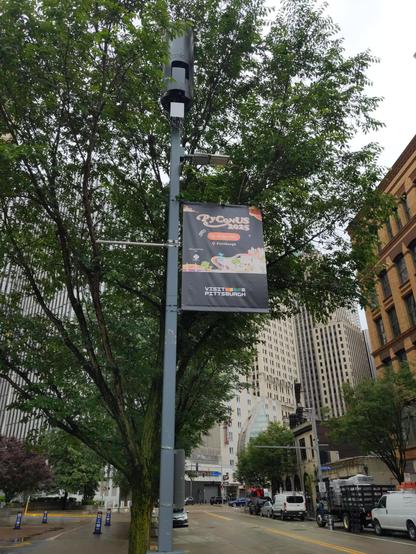 A PyCon US 2025 banner on a pole near the convention center on Thursday, May 22