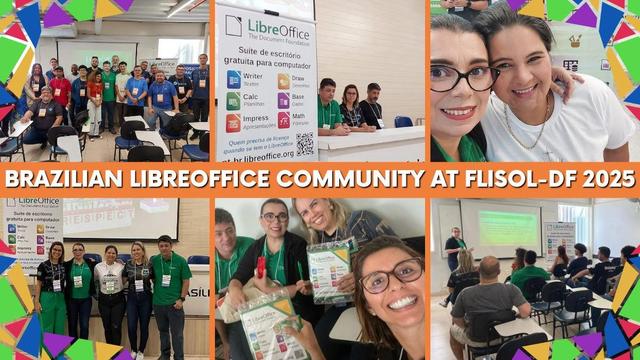 Montage of photos from LibreOffice community at FLISOL-DF 2025