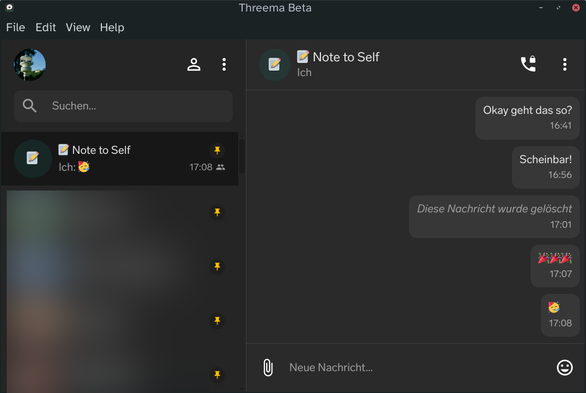 Threema Desktop Beta 2.0 app with a "Note to Self" chat open and some text and emojis sent to myself