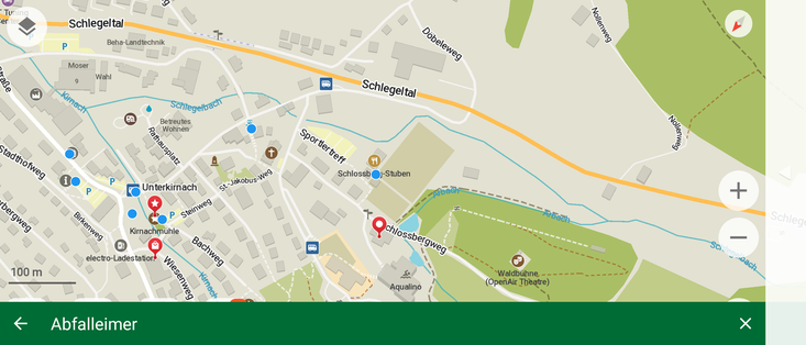 Unterkirnach (small German town in Black Forest) i  Organic Maps, 7 blue dots marking trash cans.
