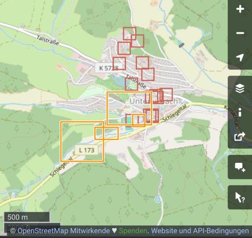 Openstreetmap.org screenshot, showing red and orange rectangles of my latest changed regions in Unterkirnach