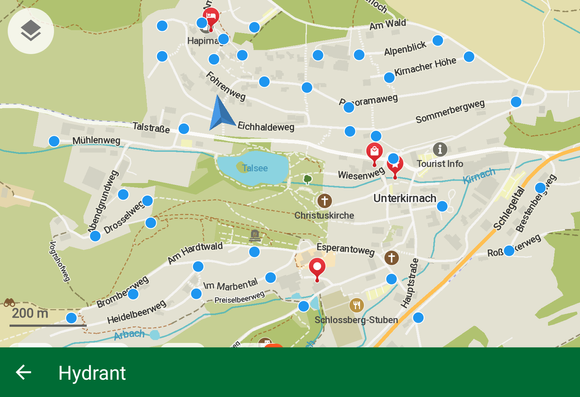 Organic Maps screenshot, zoomed to Unterkirnach, a town in Germany (Black Forest). Search for fire hydrant is active, many blue dots (37?) show the locationa all over the place.