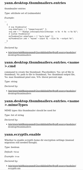 crudely formatted, black-on-white NixOS option documentation, e.g. `yann.desktop.thumbnailers.entries.<name>.cmd` ... with descriptions, types and examples, generated from nix code