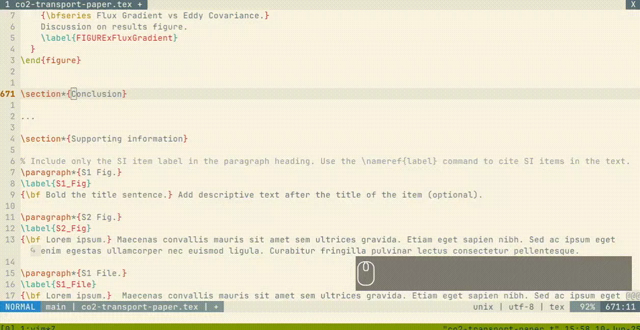 vim screencast. a latex file is open, cursor on a \section{Conclusion} line. The F8 key is pressed (as shown by an overlay), and above the \section line a fancy figlet with reading "Conclusion" in big ASCII art letters appears. Another time F8 is pressed, the next happens for the next section.

You can add this to your vimrc (and install figlet):

nnoremap <F8> k/\\.*section.*{<CR>f{vi{yO<ESC>pV!figlet -w120<CR>maVnk:normal gI% <CR>