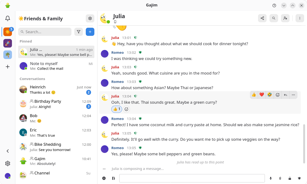 Main window of Gajim 2.3, showing chats and a conversation Main window of Gajim 2.3, showing chats and a conversation