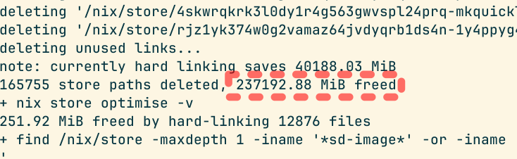 nix store gc output showing ~237GB being freed by deleting unused stuff