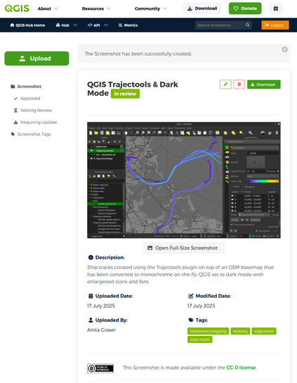Screenshot of a QGIS screenshots uploaded to the screenshot gallery and now under review.