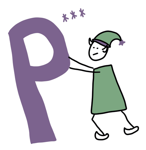 An elf pushing over the letter "P"