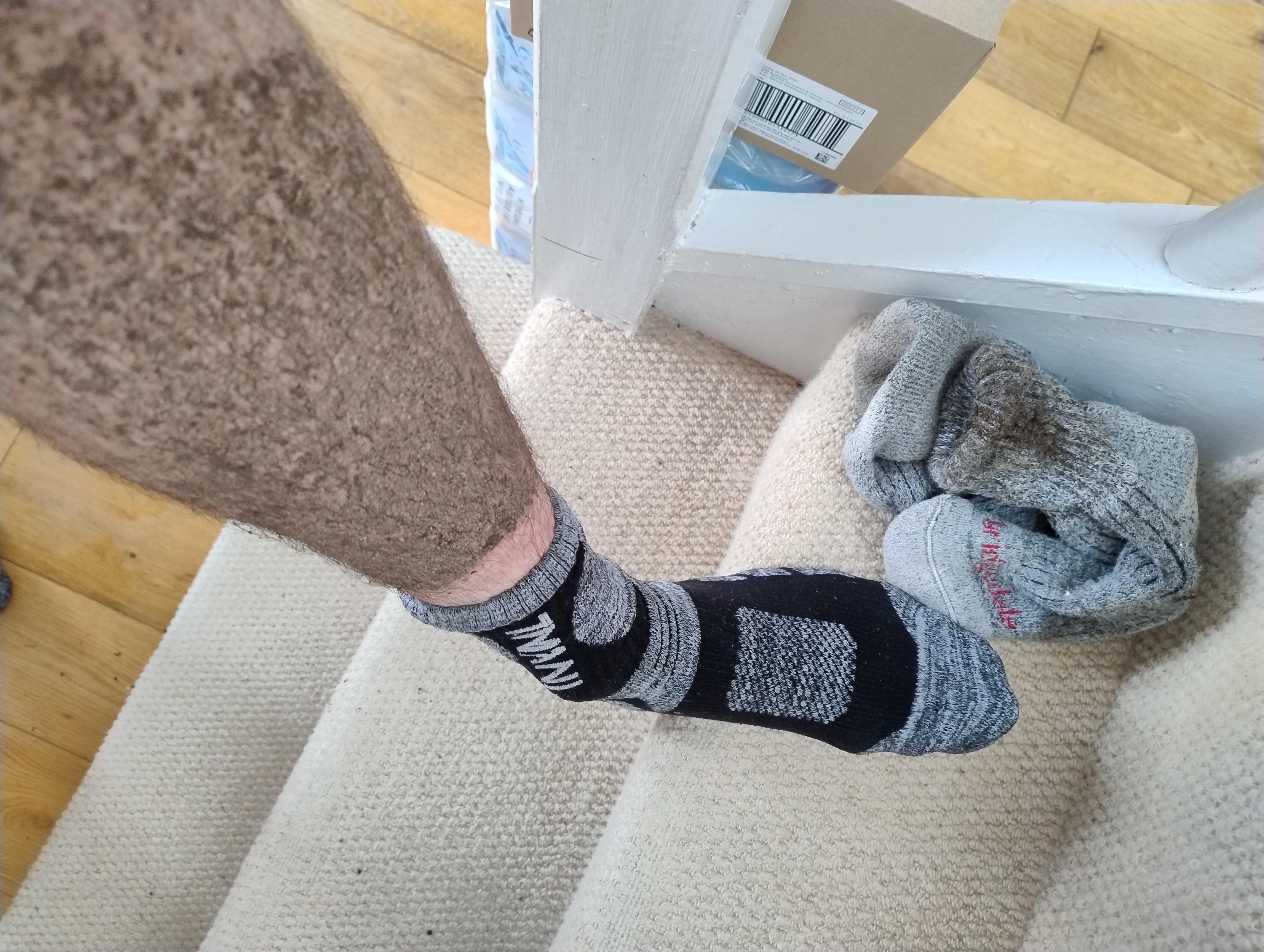 Mud encrusted leg, clean where my sock had been.