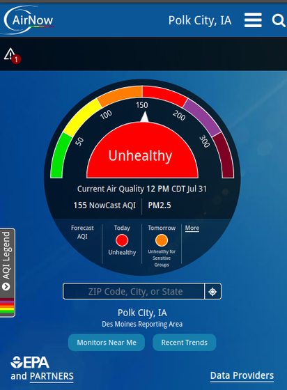 Screenshot of AirNow.gov indicating a current air quality index of 155 for Polk City, Iowa. The color is red and the status is Unhealthy.