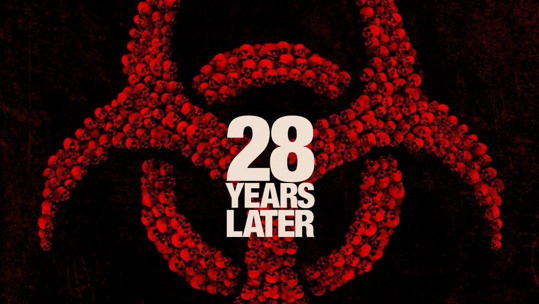 Movie poster for 28 Years Later, caption set on a logo made out of red skulls.